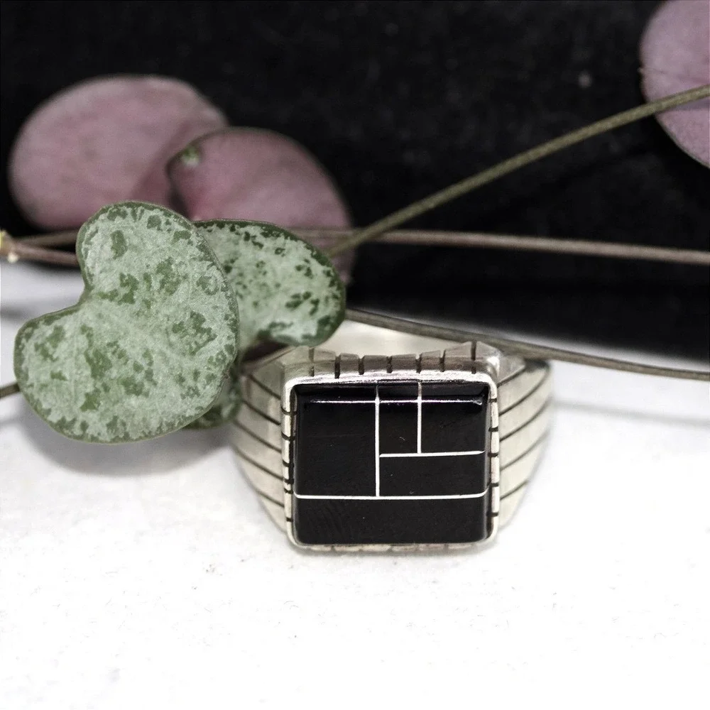 Sterling Silver Black Inlay Geometric Signet Ring Size 13 Modernist Design